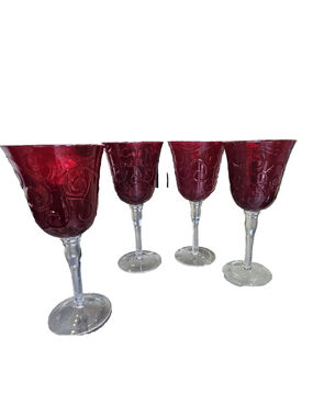 Vintage Ruby Red Embossed Swirl Wine Goblets Set of 4 Clear Stem Glasses